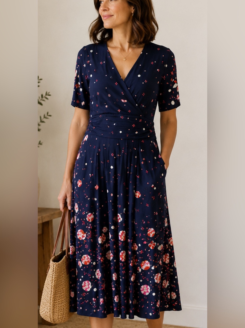 Boden Navy Floral & Polka Dot Wrap-Style Midi Dress